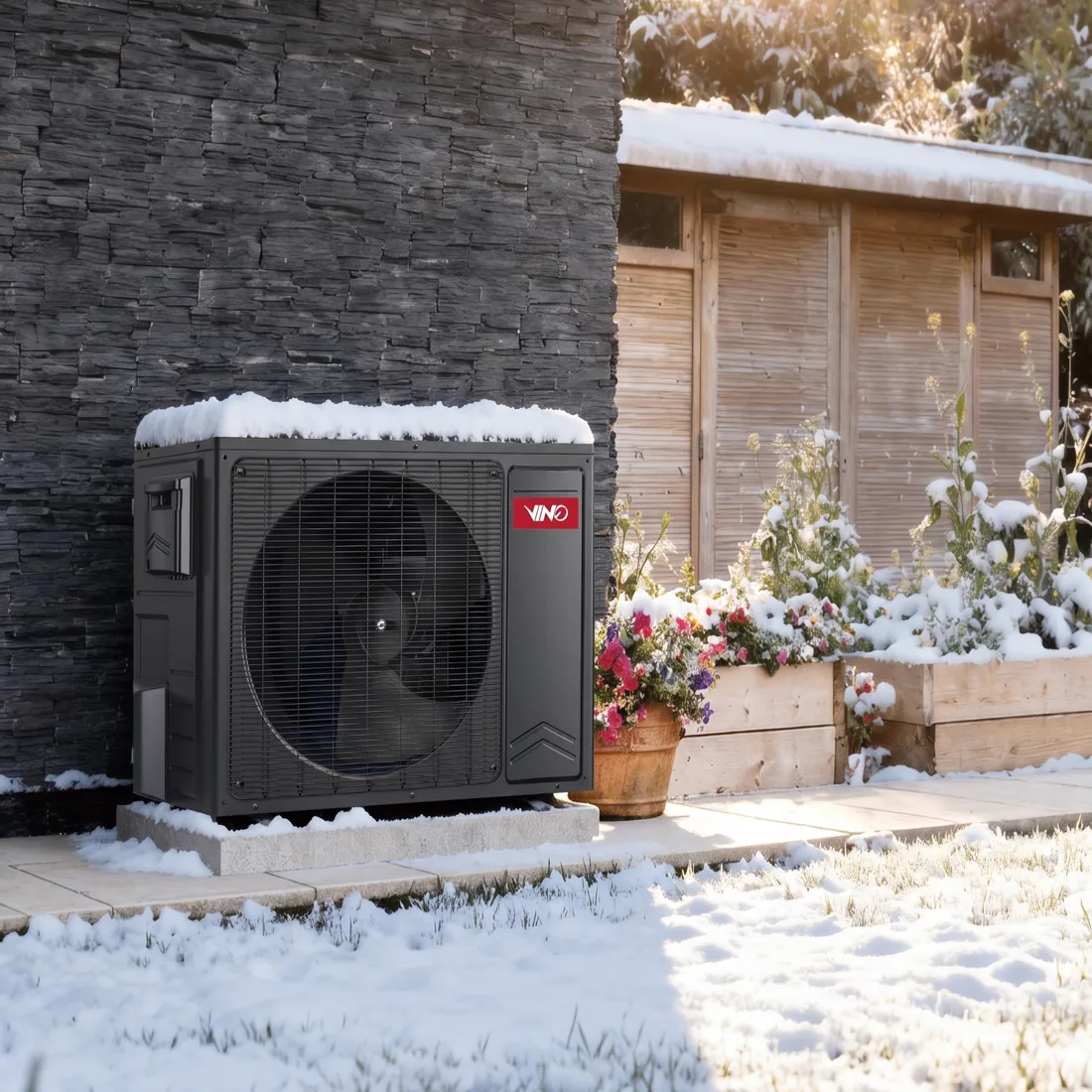 Thermopompe centrale VINO® installée à l'extérieur d'une résidence en hiver